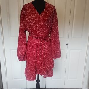 Red Polka Dot Long-Sleeve Wrap Dress with Tie Waist Asymetrical Ruffle Hemline